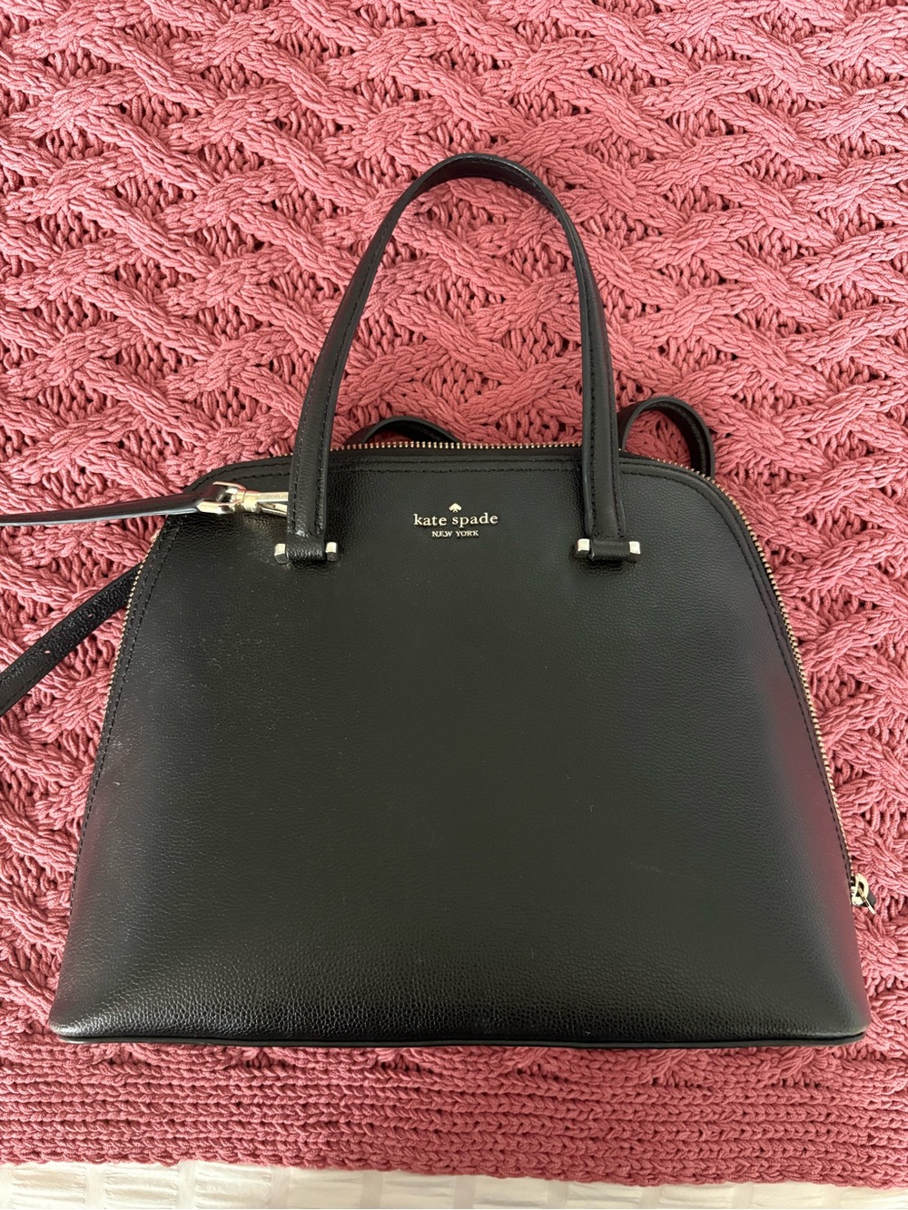 kate spade Black Leather Dome Satchel with Gold-Tone Logo